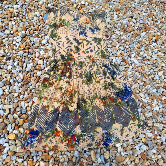 Camo Dress Camoflage Painted Tribal Batik Abstract Vintage Retro Dress 90s 80s - Picture 1 of 16